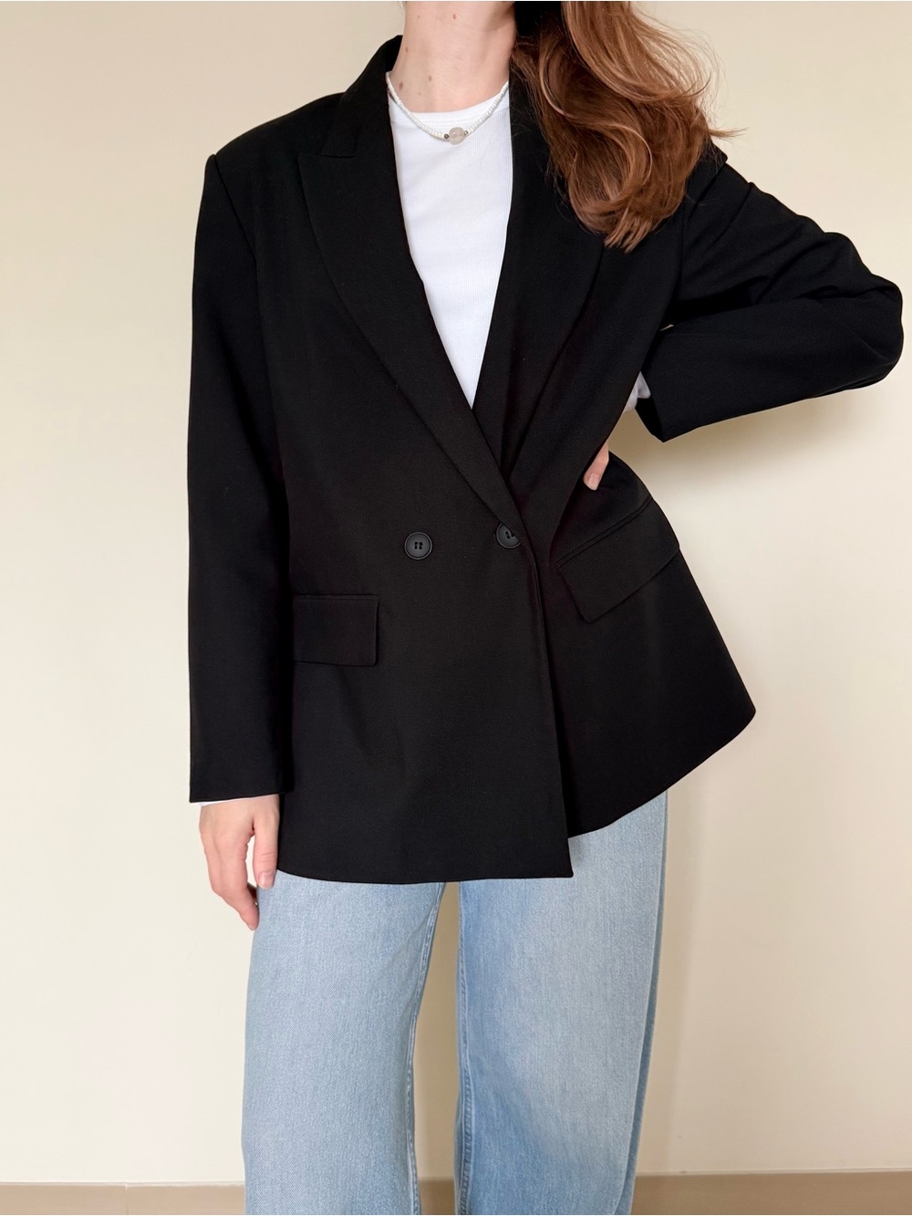 Zara Black Oversized Double-Breasted Blazer Peak Lapel - Size M